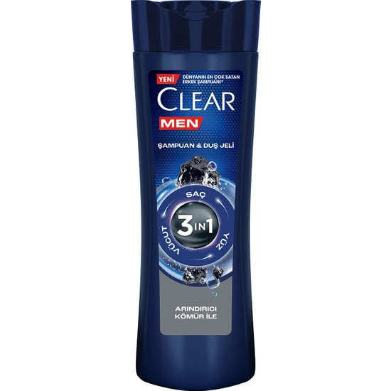 CLEAR - Clear Men 3 in 1 Şampuan & Duş Jeli Arındırıcı Kömür Saç Yüz Vücut İçin 350 ml